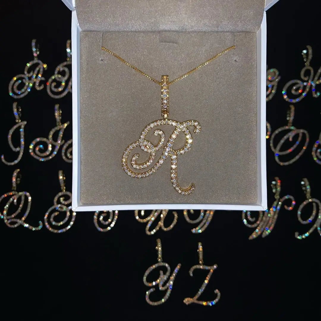 JYZSWBB Cursive Initial Letter Pendant Necklace — Micro Pave CZ Alphabet Jewelry