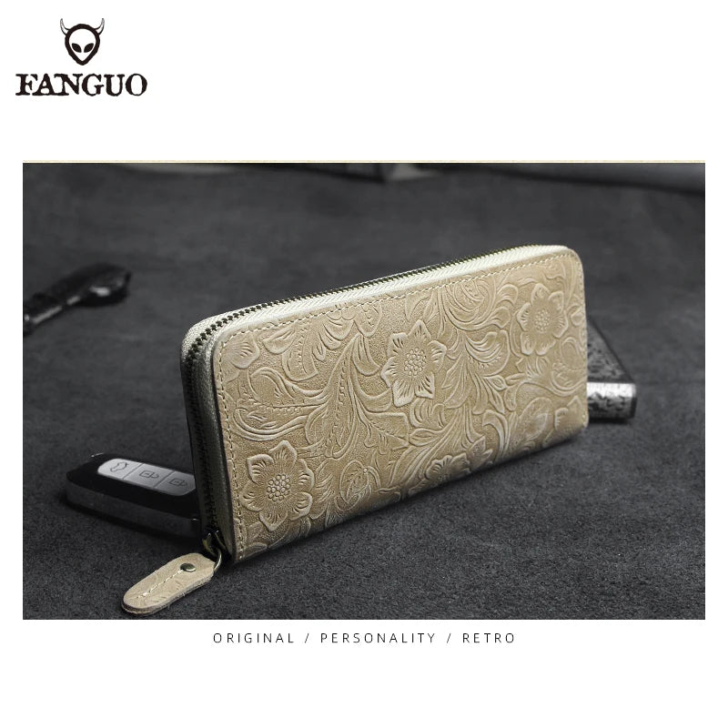 FANGUO Embossed Genuine Leather Long Wallet — Large Capacity Organizer