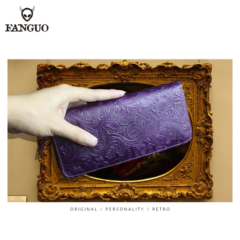 FANGUO Embossed Genuine Leather Long Wallet — Large Capacity Organizer