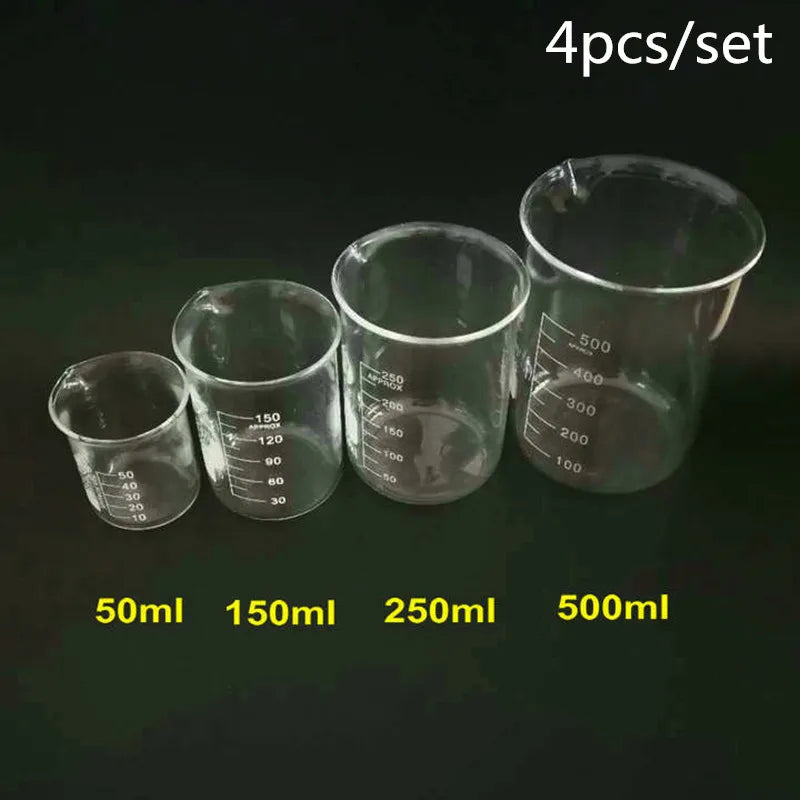 Glass Laboratory Beaker Set — 4-Piece Volumetric Measuring Cup Kit