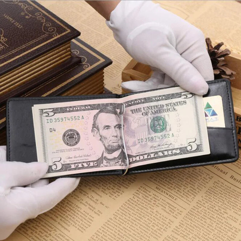 Men's Leather Money Clip Wallet — Compact Card Holder with Coin Pocket