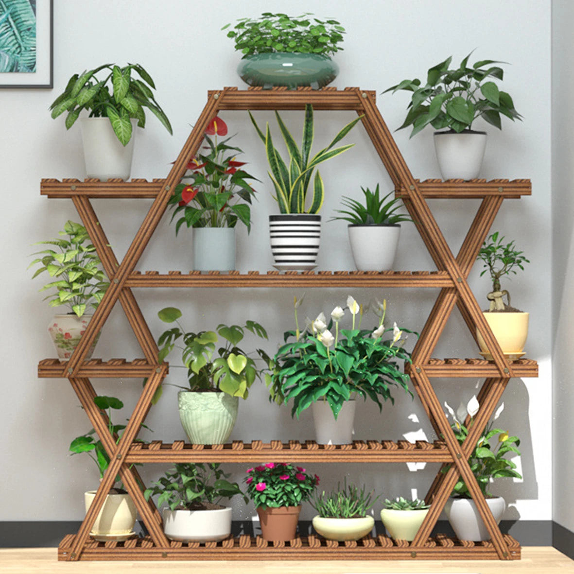BINGOPAW 8-Tier Wooden Plant Stand — Triangular Corner Flower Display Shelf