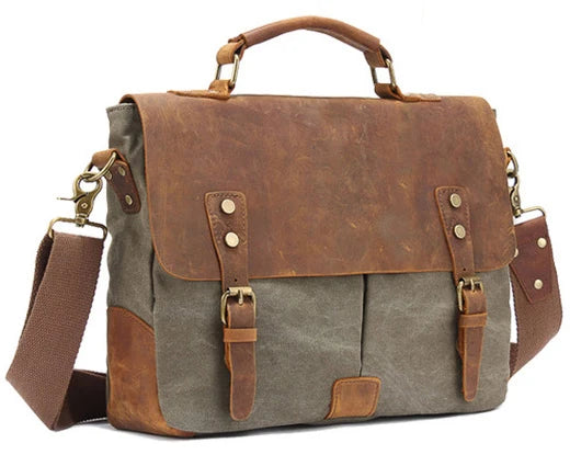 MUNUKI Vintage Leather and Canvas Briefcase — Professional Business Messenger Bag