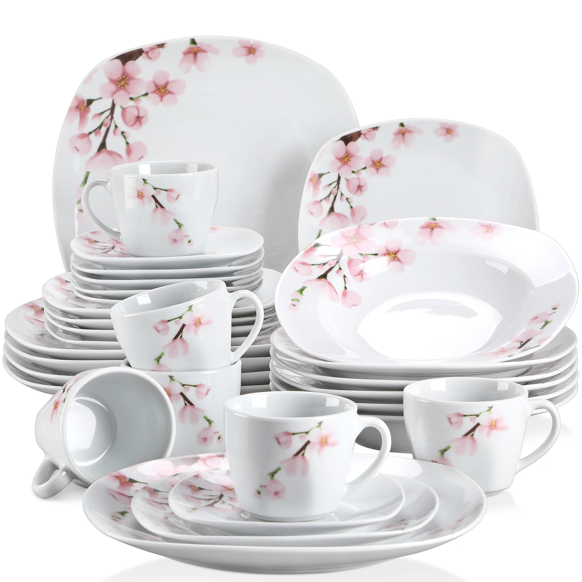 MALACASA Pink Floral Porcelain Dinnerware Set — 60-Piece Elegant Dining Collection