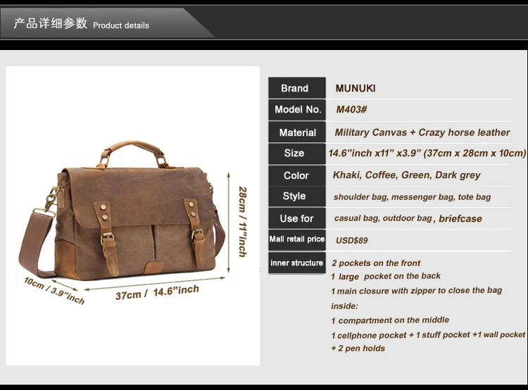 MUNUKI Vintage Leather and Canvas Briefcase — Professional Business Messenger Bag