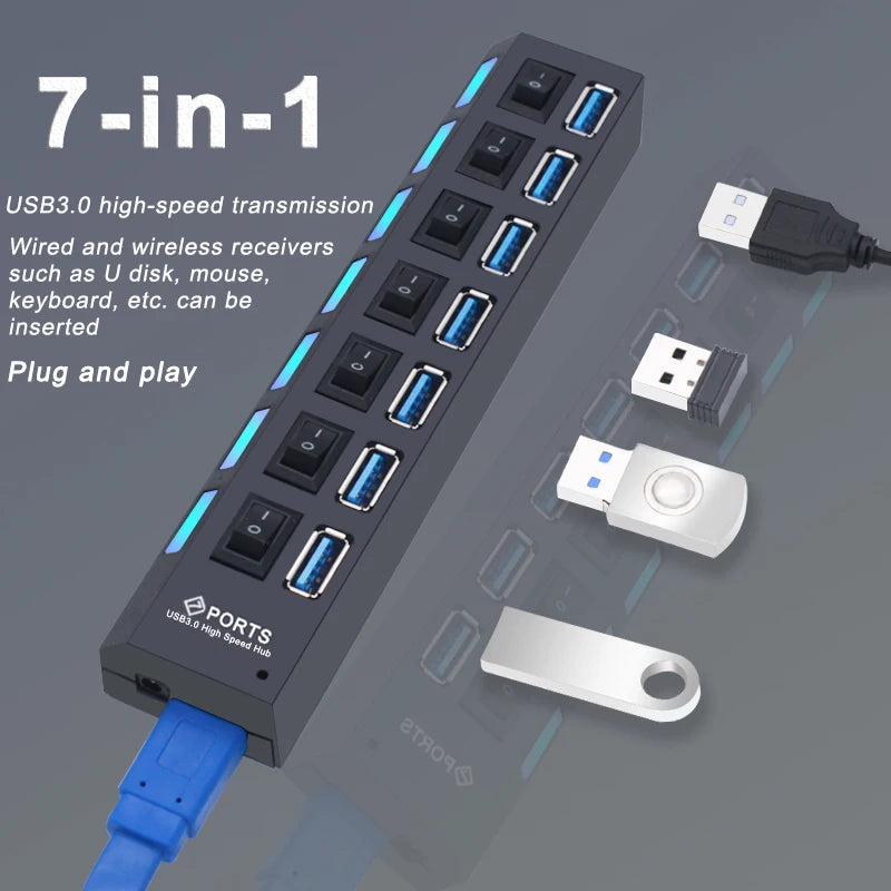 YUANRURU USB Hub Splitter — High-Speed Multi-Port Expander for PC