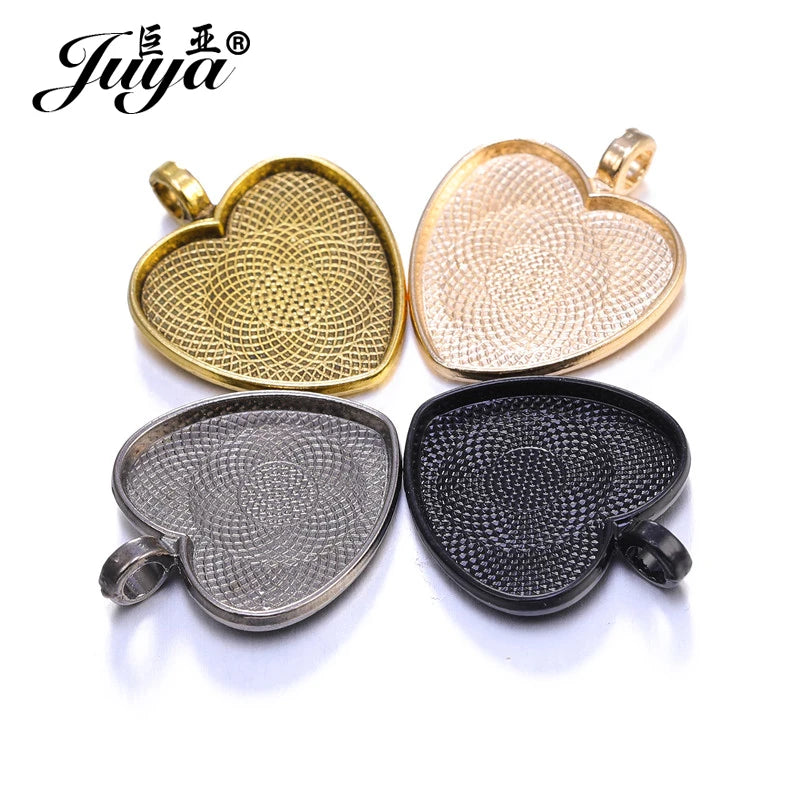 Juya Heart Cabochon Pendant Bases — 25mm Alloy Bezel Trays for DIY Jewelry