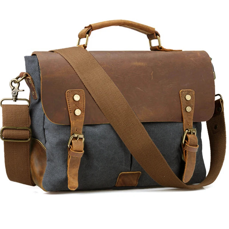 MUNUKI Vintage Leather and Canvas Briefcase — Professional Business Messenger Bag