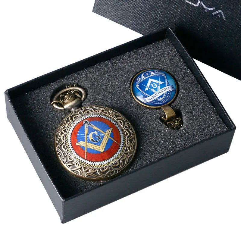YISUYA Antique Quartz Pocket Watch Set — Square and Compass Design
