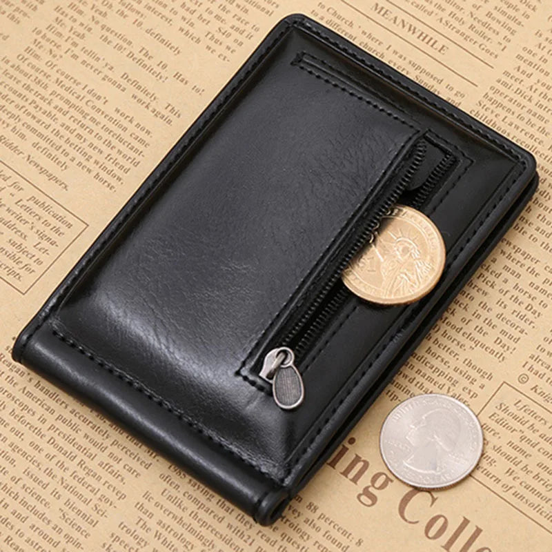 Men's Leather Money Clip Wallet — Compact Card Holder with Coin Pocket