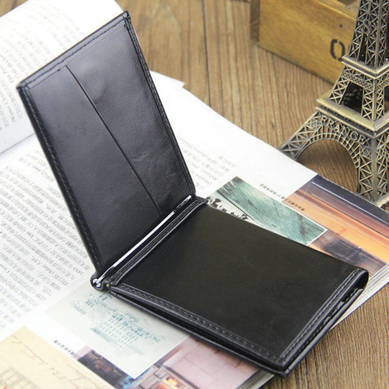 Men's Leather Money Clip Wallet — Compact Card Holder with Magnetic Closure
