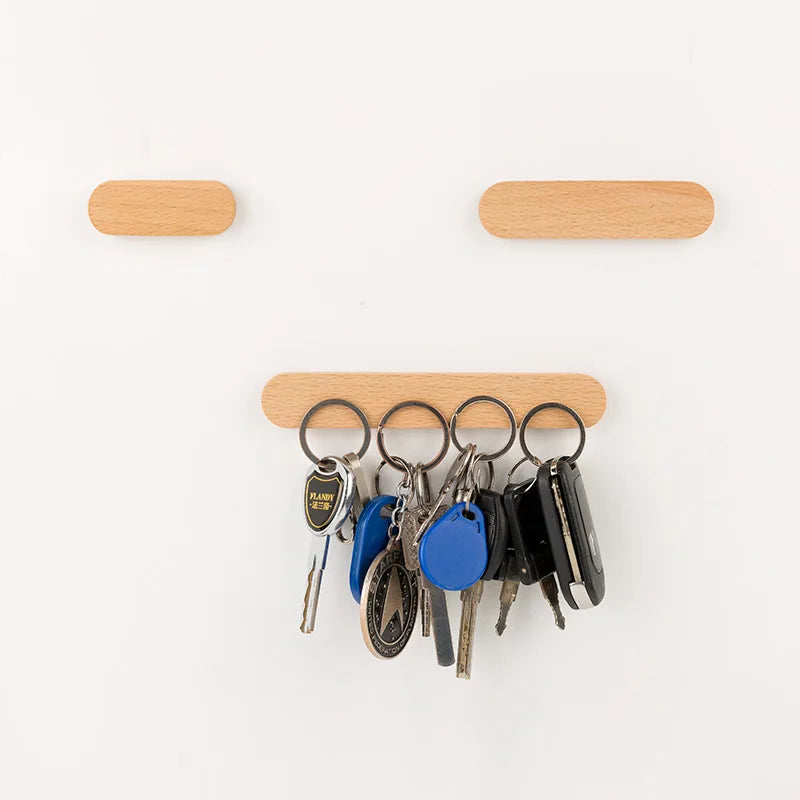 Wooden Magnetic Key Holder — Wall Mounted Storage Organizer with Hooks