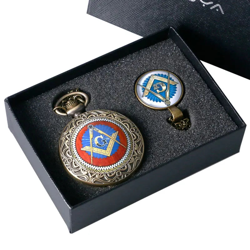 YISUYA Antique Quartz Pocket Watch Set — Square and Compass Design