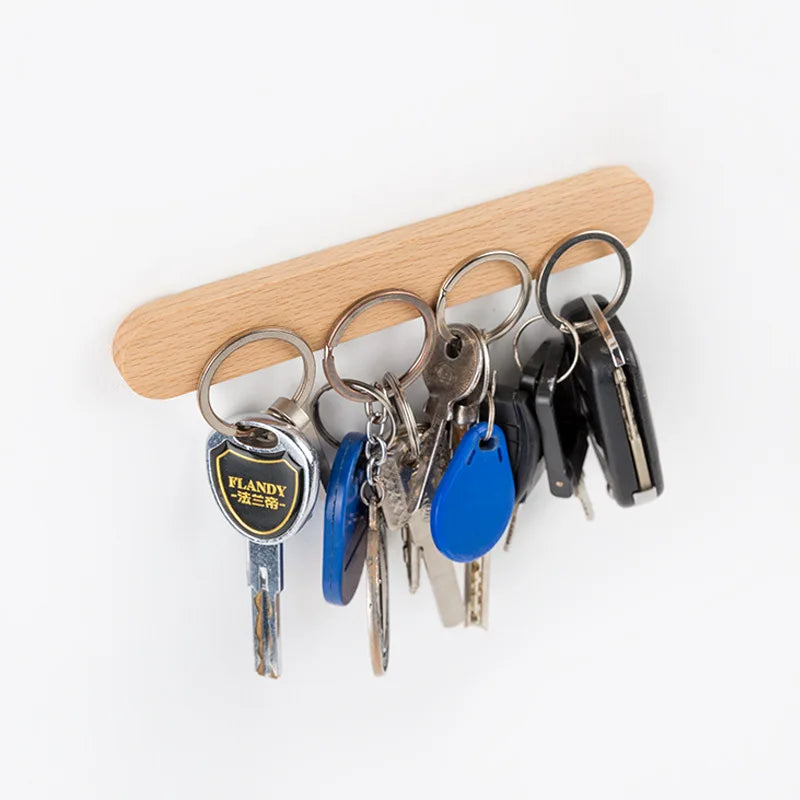 Wooden Magnetic Key Holder — Wall Mounted Storage Organizer with Hooks