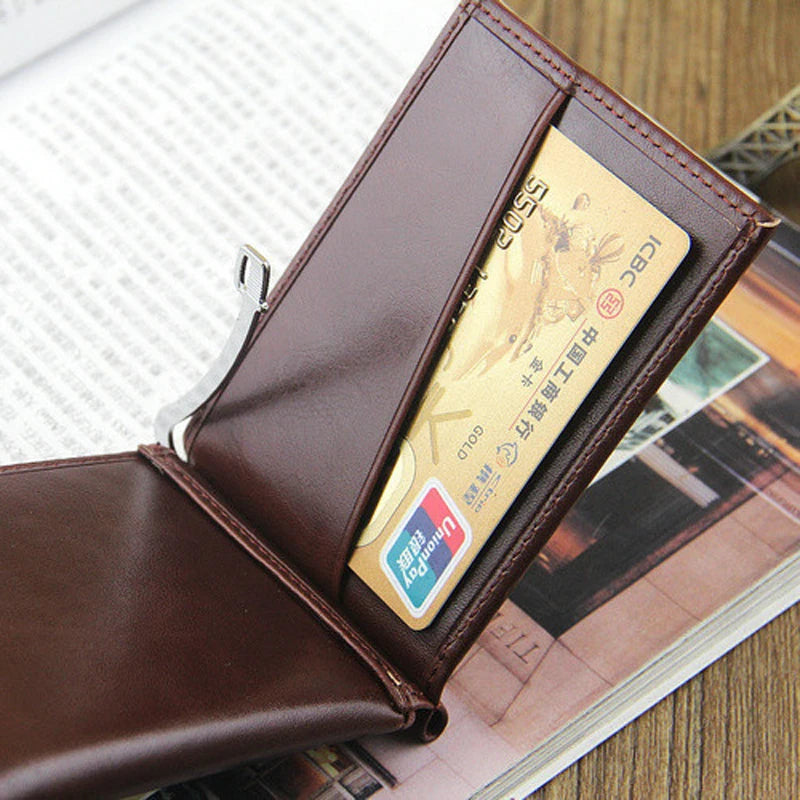 Men's Leather Money Clip Wallet — Compact Card Holder with Magnetic Closure