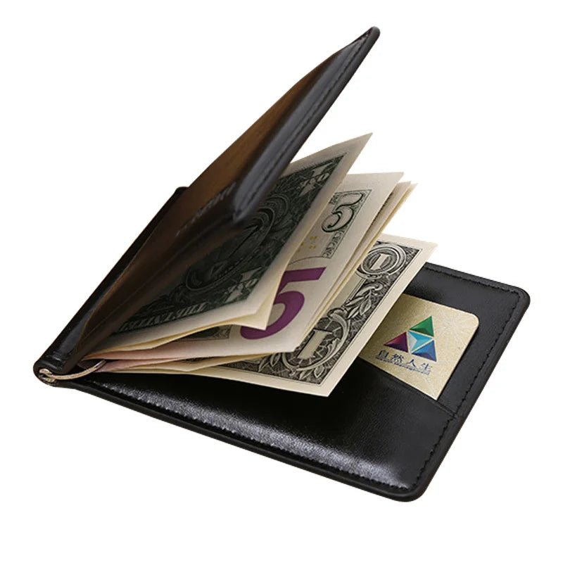 Men's Leather Money Clip Wallet — Compact Card Holder with Coin Pocket