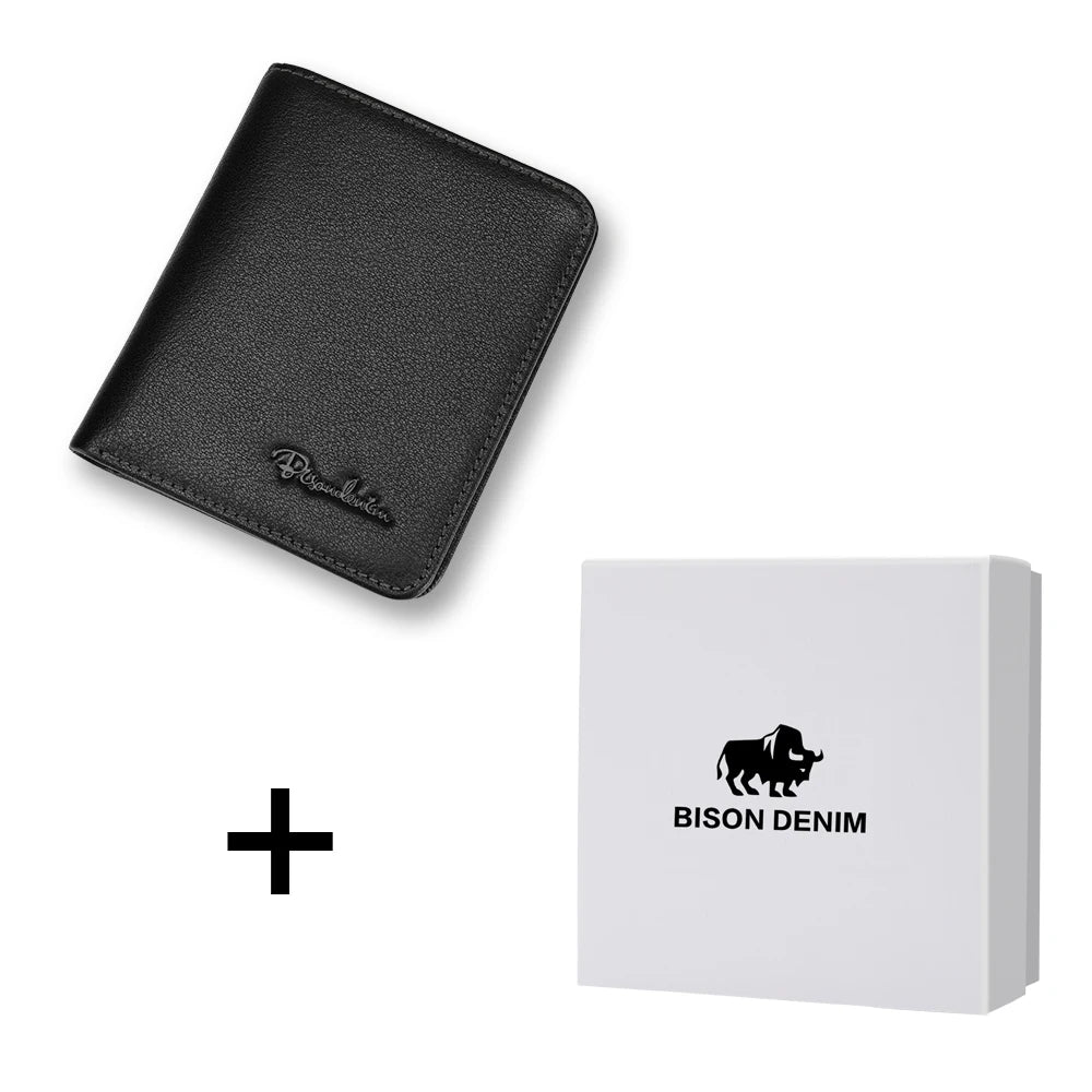 BISON DENIM Genuine Leather Wallet — Slim Men's Card Holder & Mini Purse