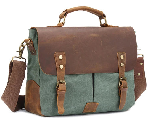 MUNUKI Vintage Leather and Canvas Briefcase — Professional Business Messenger Bag