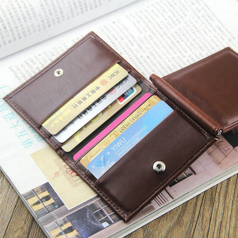 Men's Leather Money Clip Wallet — Compact Card Holder with Magnetic Closure
