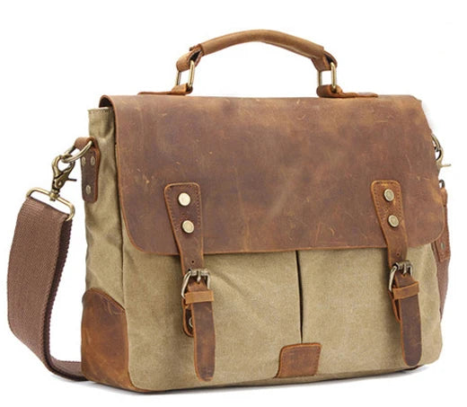 MUNUKI Vintage Leather and Canvas Briefcase — Professional Business Messenger Bag