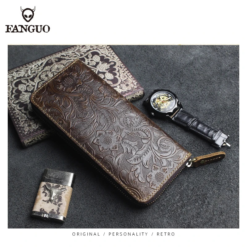 FANGUO Embossed Genuine Leather Long Wallet — Large Capacity Organizer