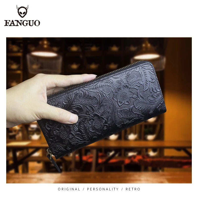 FANGUO Embossed Genuine Leather Long Wallet — Large Capacity Organizer
