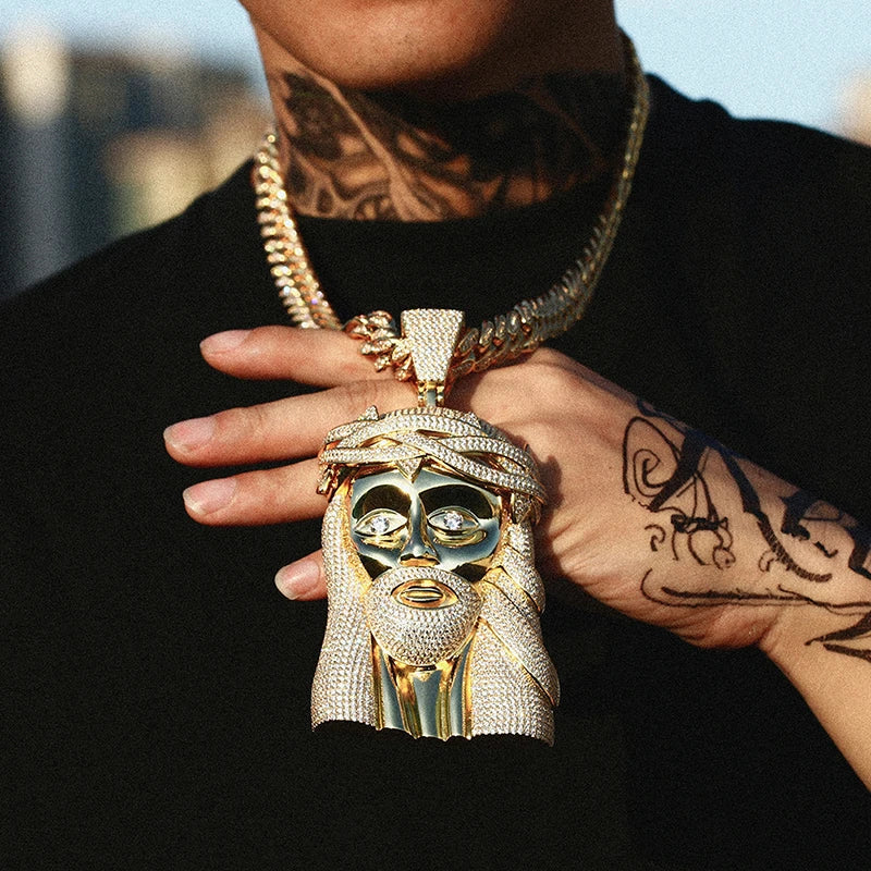 ICEOUTBOX Jesus Head Pendant Necklace — Bling Hip Hop Jewelry with Zircon