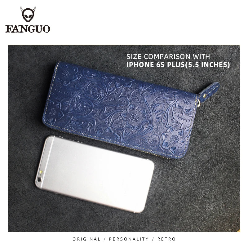 FANGUO Embossed Genuine Leather Long Wallet — Large Capacity Organizer