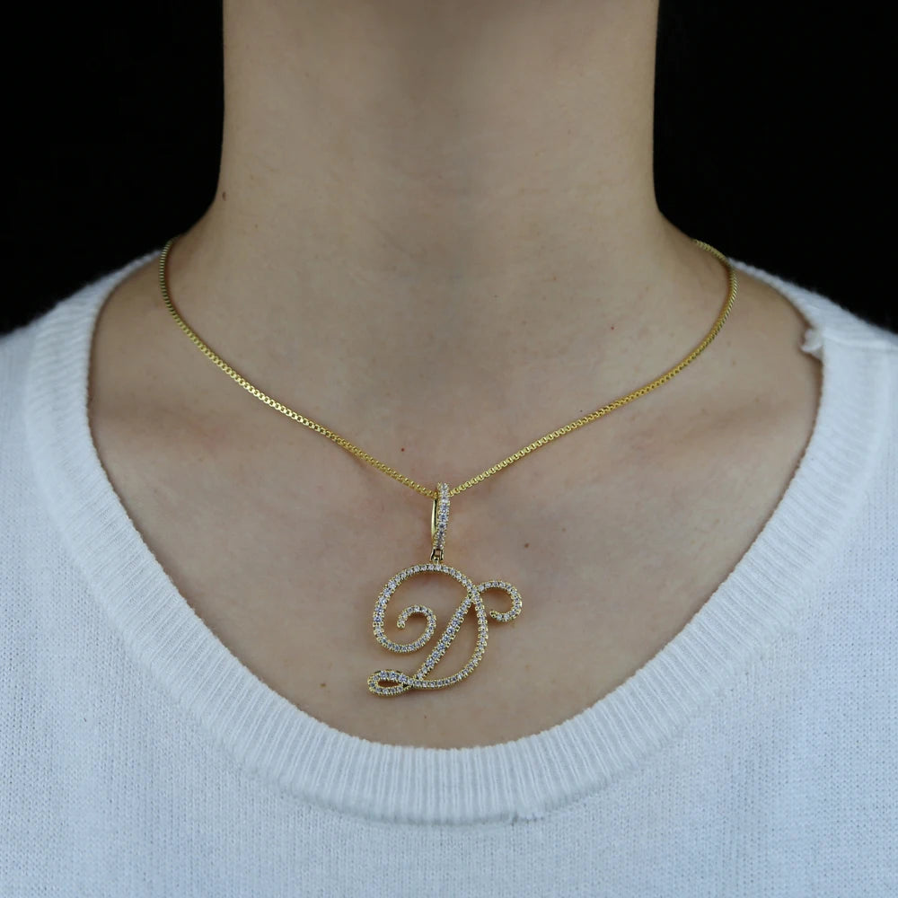 JYZSWBB Cursive Initial Letter Pendant Necklace — Micro Pave CZ Alphabet Jewelry