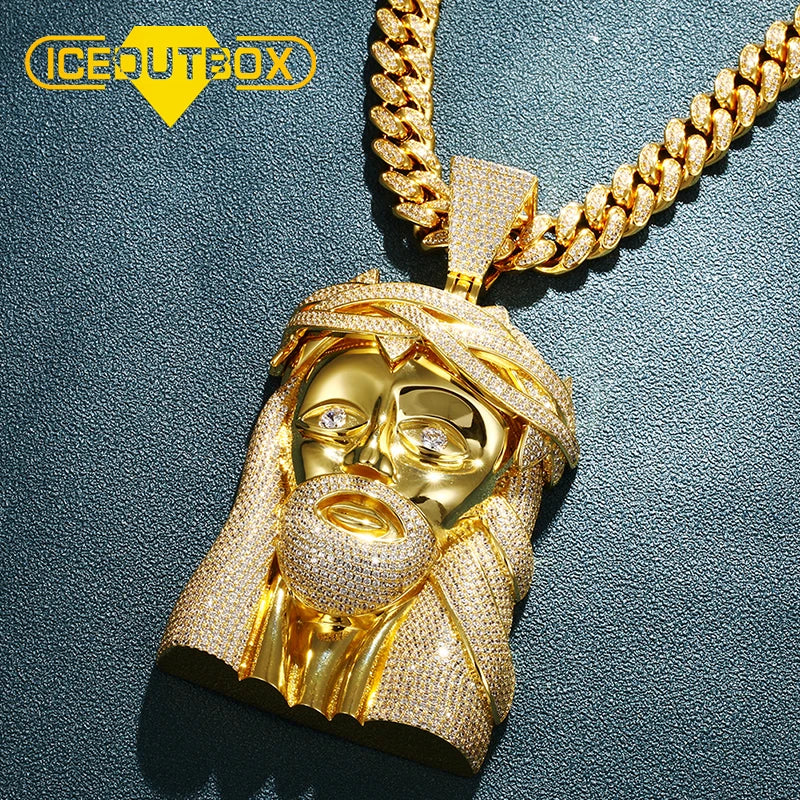ICEOUTBOX Jesus Head Pendant Necklace — Bling Hip Hop Jewelry with Zircon