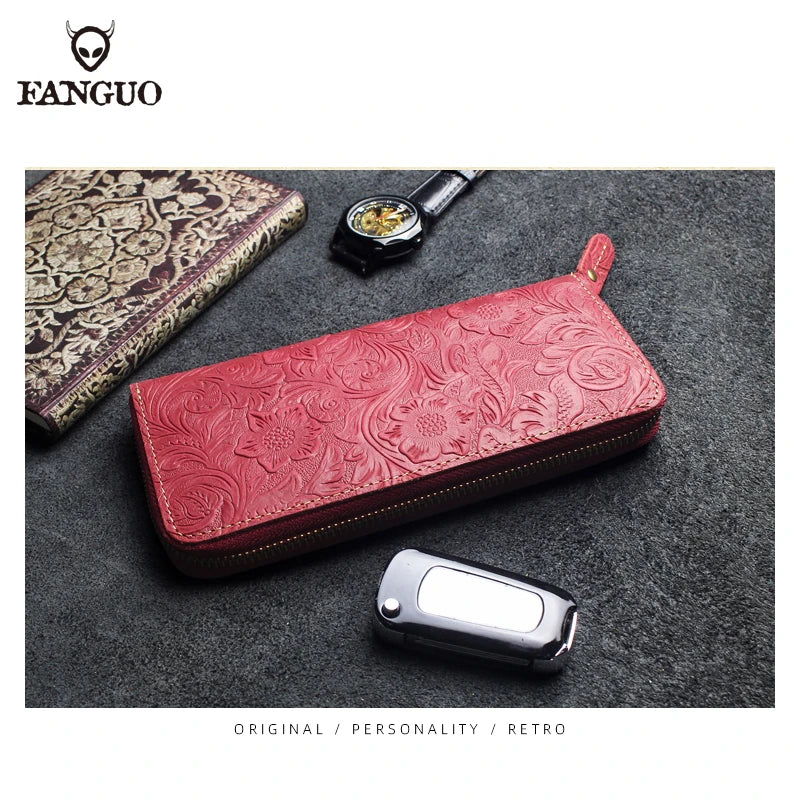 FANGUO Embossed Genuine Leather Long Wallet — Large Capacity Organizer