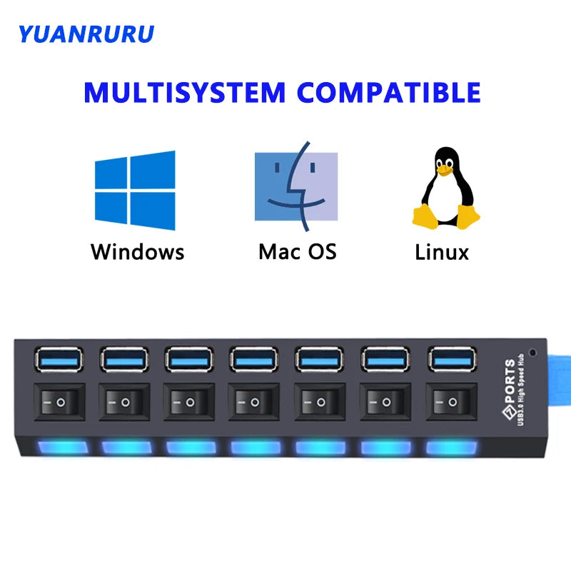 YUANRURU USB Hub Splitter — High-Speed Multi-Port Expander for PC
