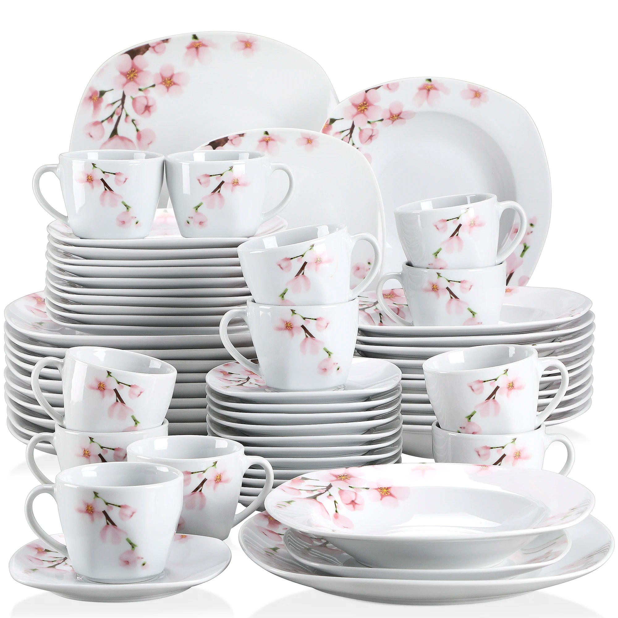 MALACASA Pink Floral Porcelain Dinnerware Set — 60-Piece Elegant Dining Collection