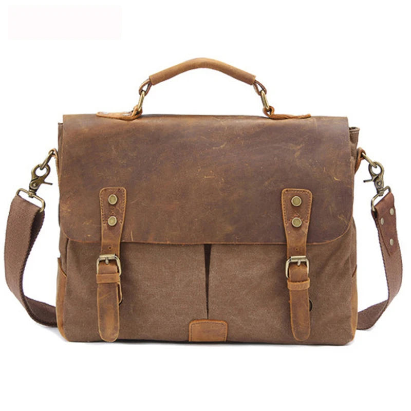 MUNUKI Vintage Leather and Canvas Briefcase — Professional Business Messenger Bag