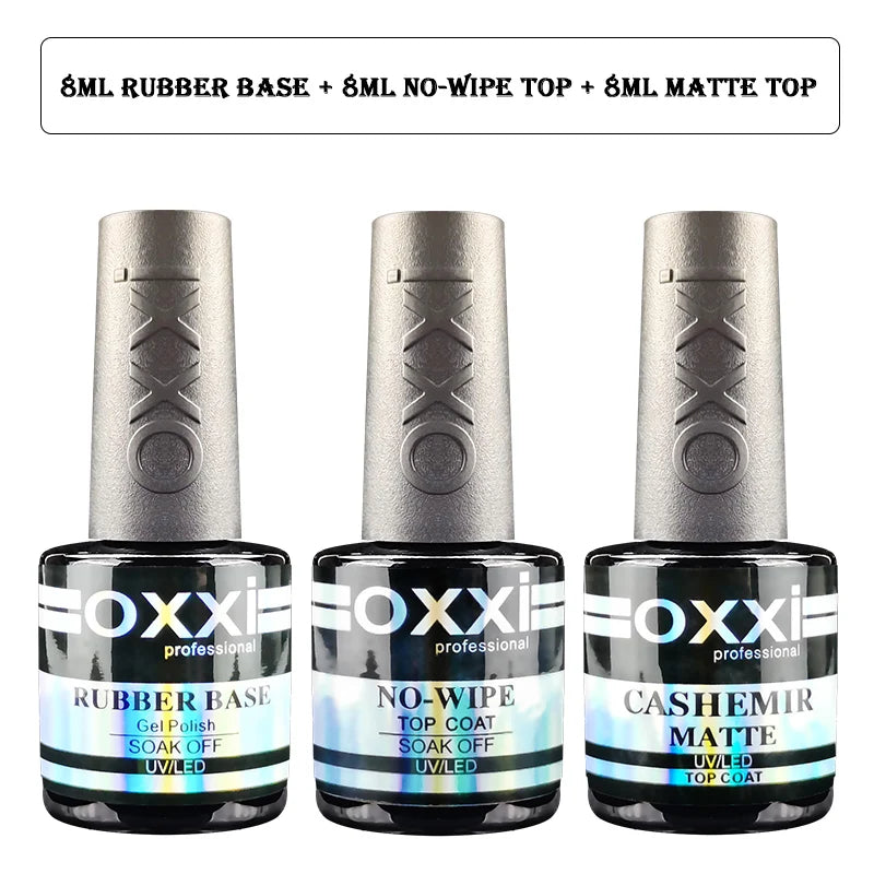 OXXI Gel Polish Base and Top Coat Set — Professional Rubber Base & No-Wipe Finish
