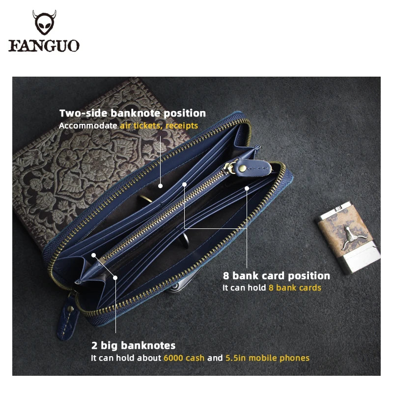 FANGUO Embossed Genuine Leather Long Wallet — Large Capacity Organizer