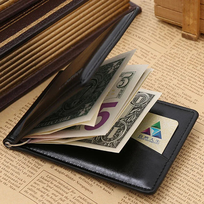 Men's Leather Money Clip Wallet — Compact Card Holder with Coin Pocket