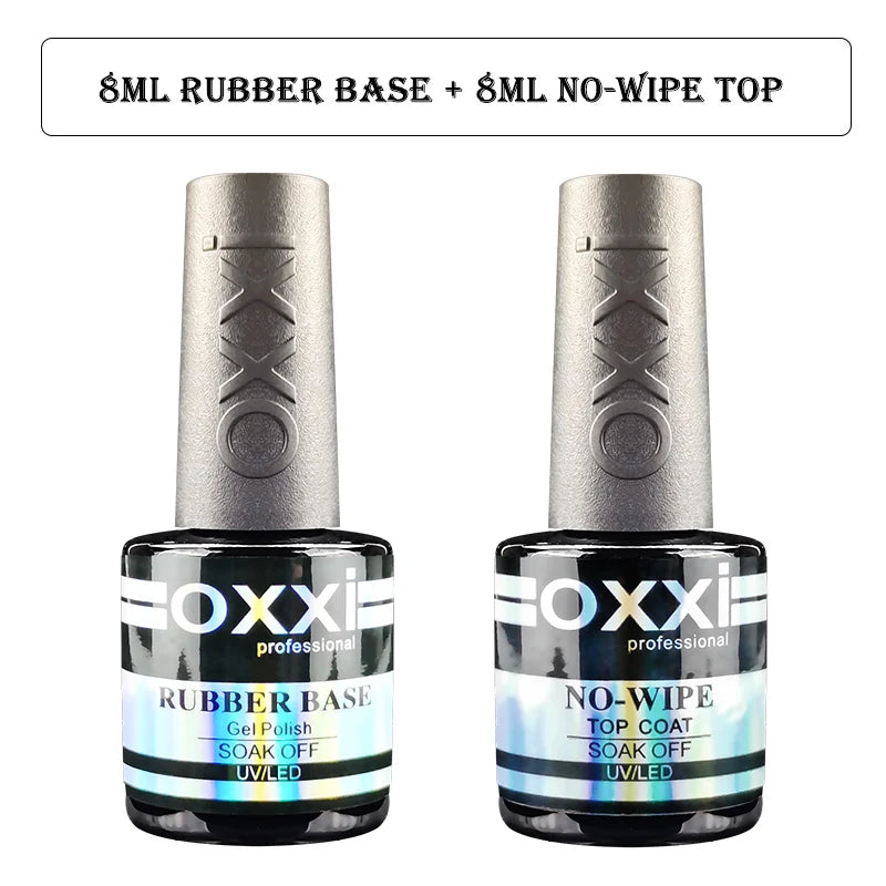 OXXI Gel Polish Base and Top Coat Set — Professional Rubber Base & No-Wipe Finish