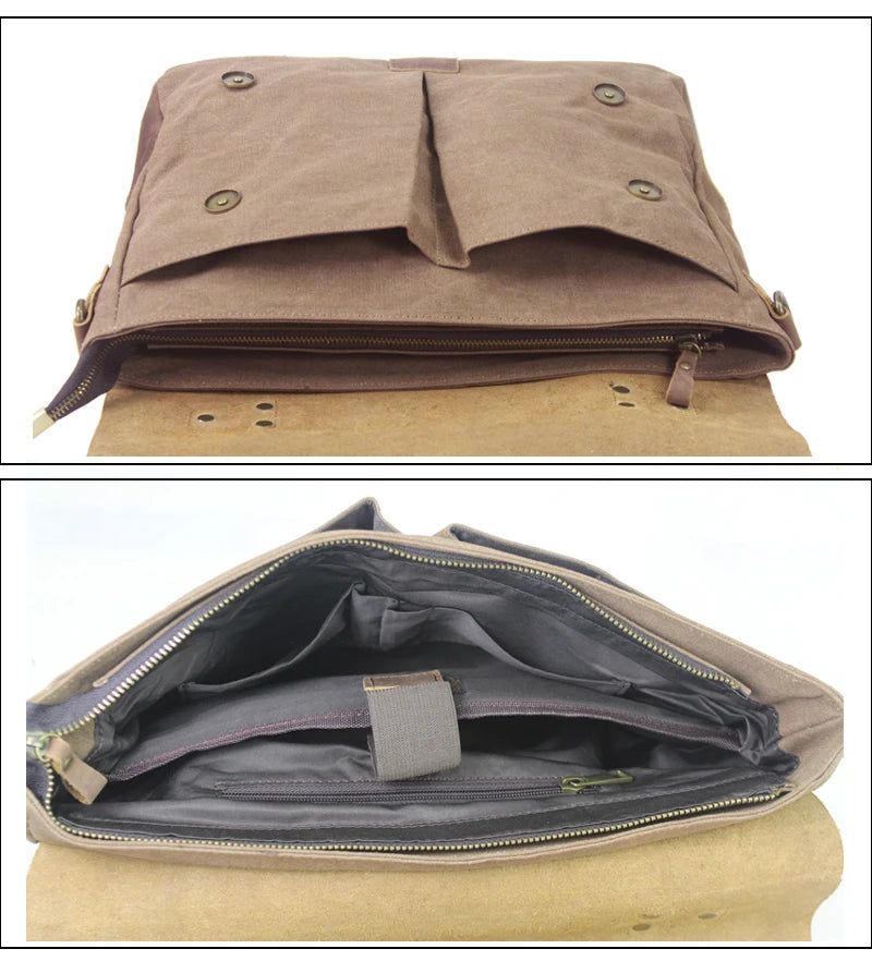 MUNUKI Vintage Leather and Canvas Briefcase — Professional Business Messenger Bag