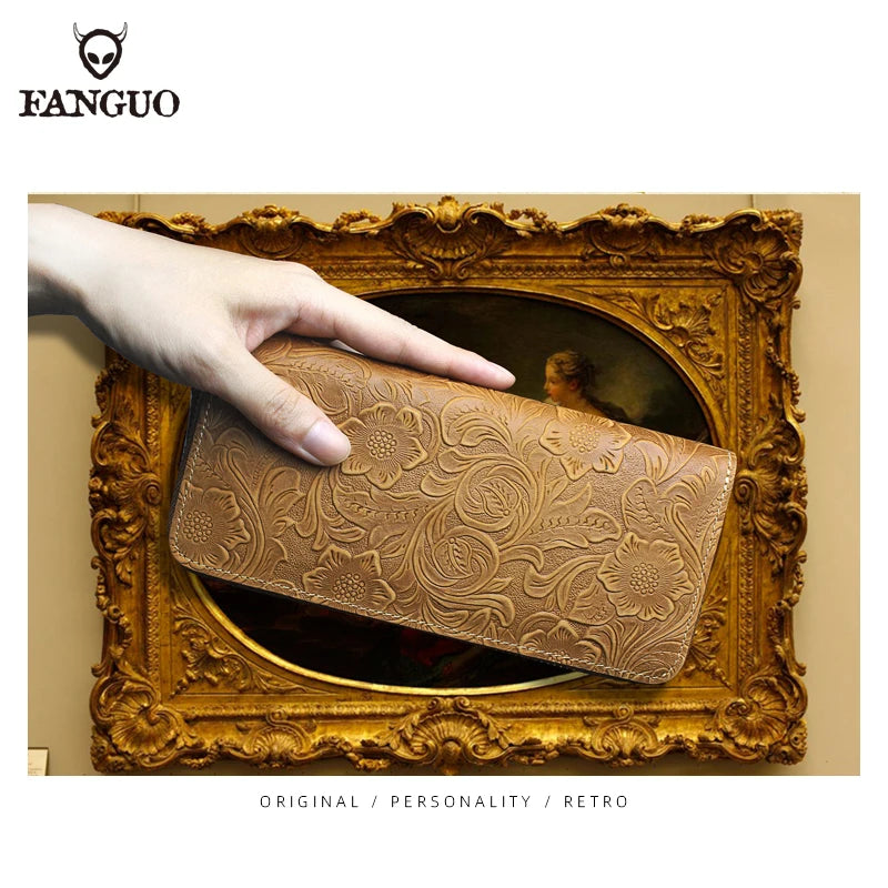 FANGUO Embossed Genuine Leather Long Wallet — Large Capacity Organizer