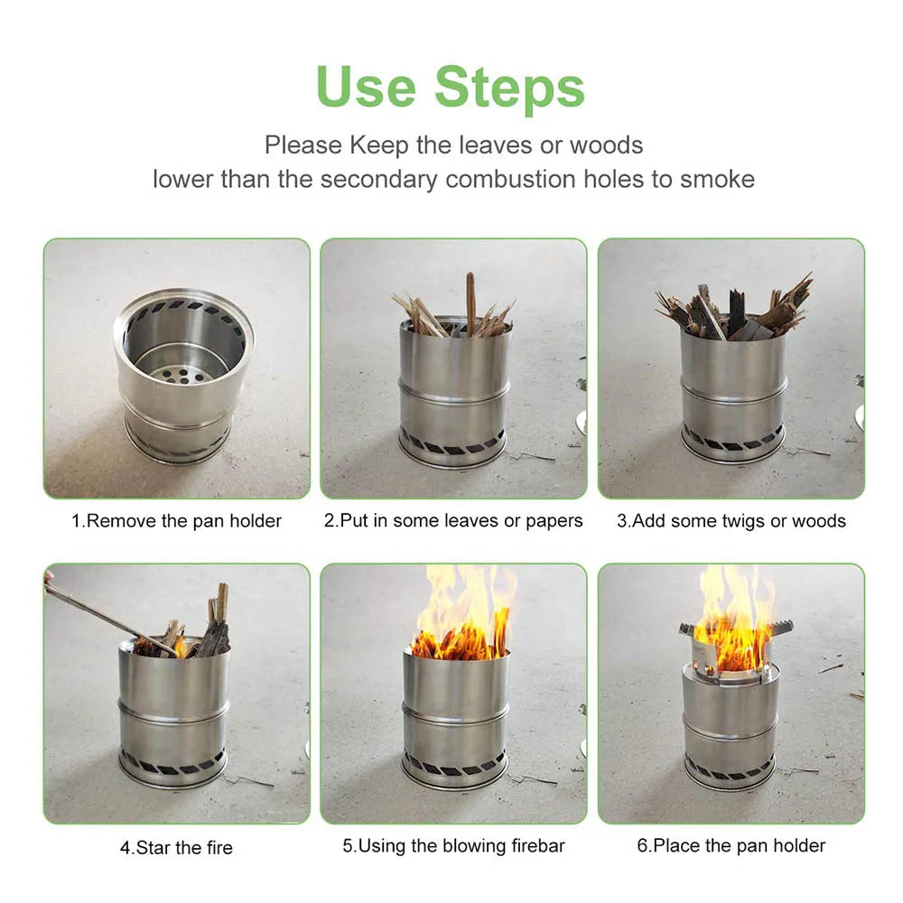 LISM Portable Wood Burning Camping Stove — Lightweight Stainless Steel Cooker