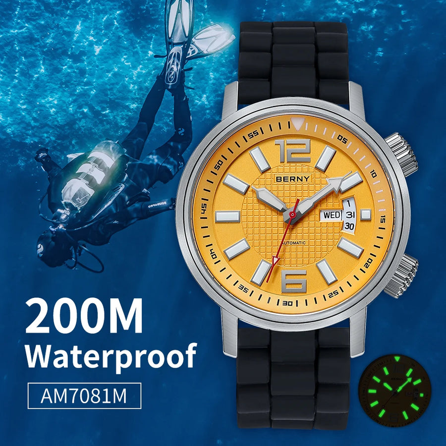 BERNY Automatic Diver Watch — 20ATM Waterproof Mechanical Wristwatch