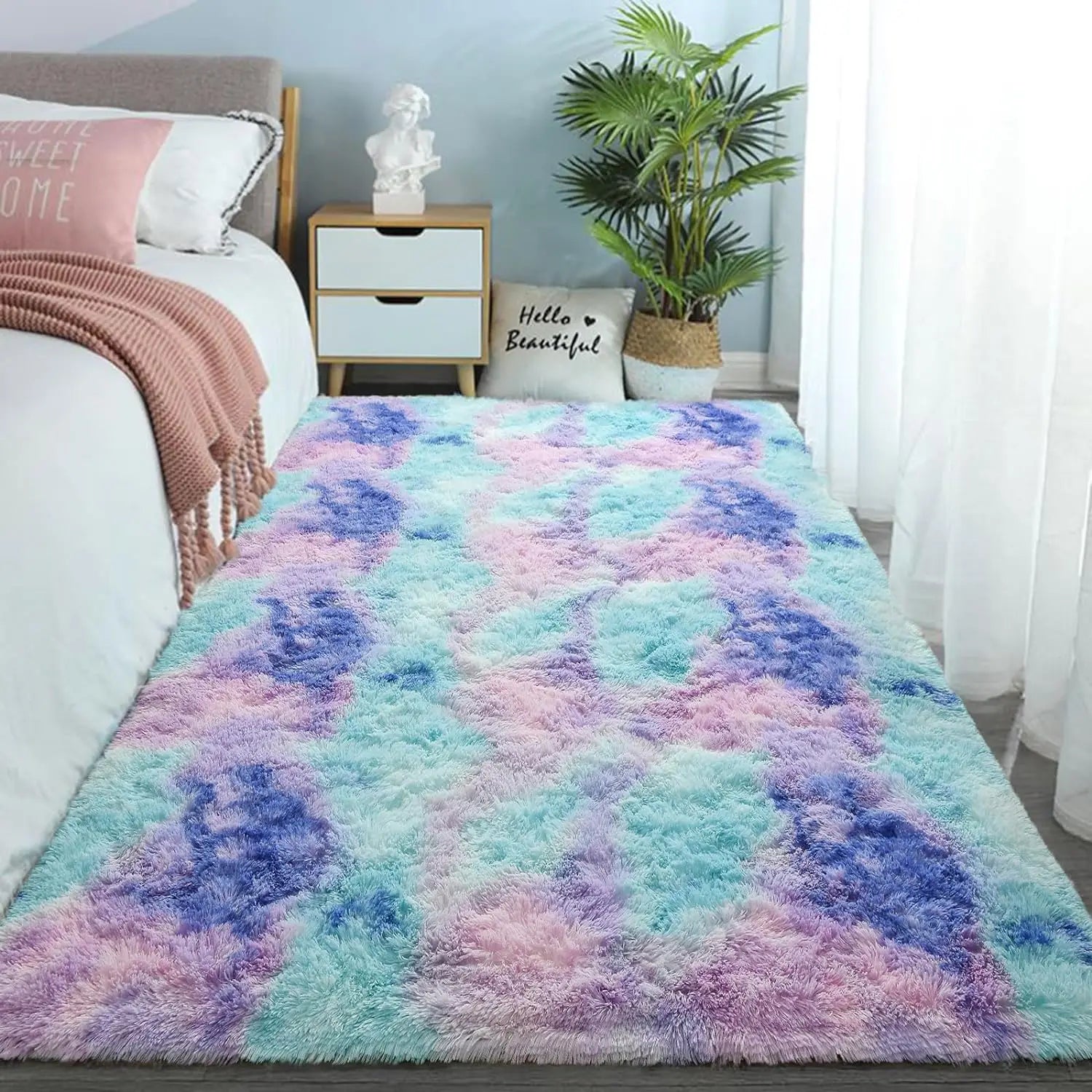VIKAMA Tie-Dye Plush Carpet — Soft Fluffy Area Rug for Living Room & Nursery
