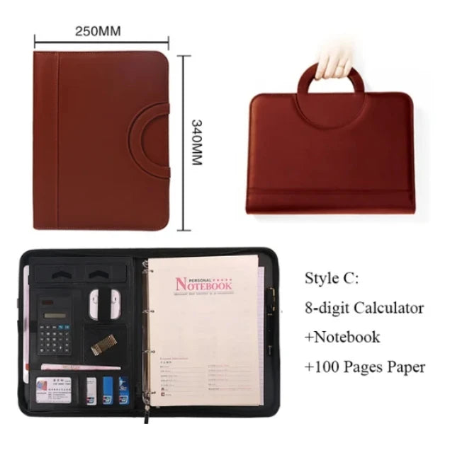 PU Leather A4 Conference File Pad — Professional Zippered Binder & Briefcase