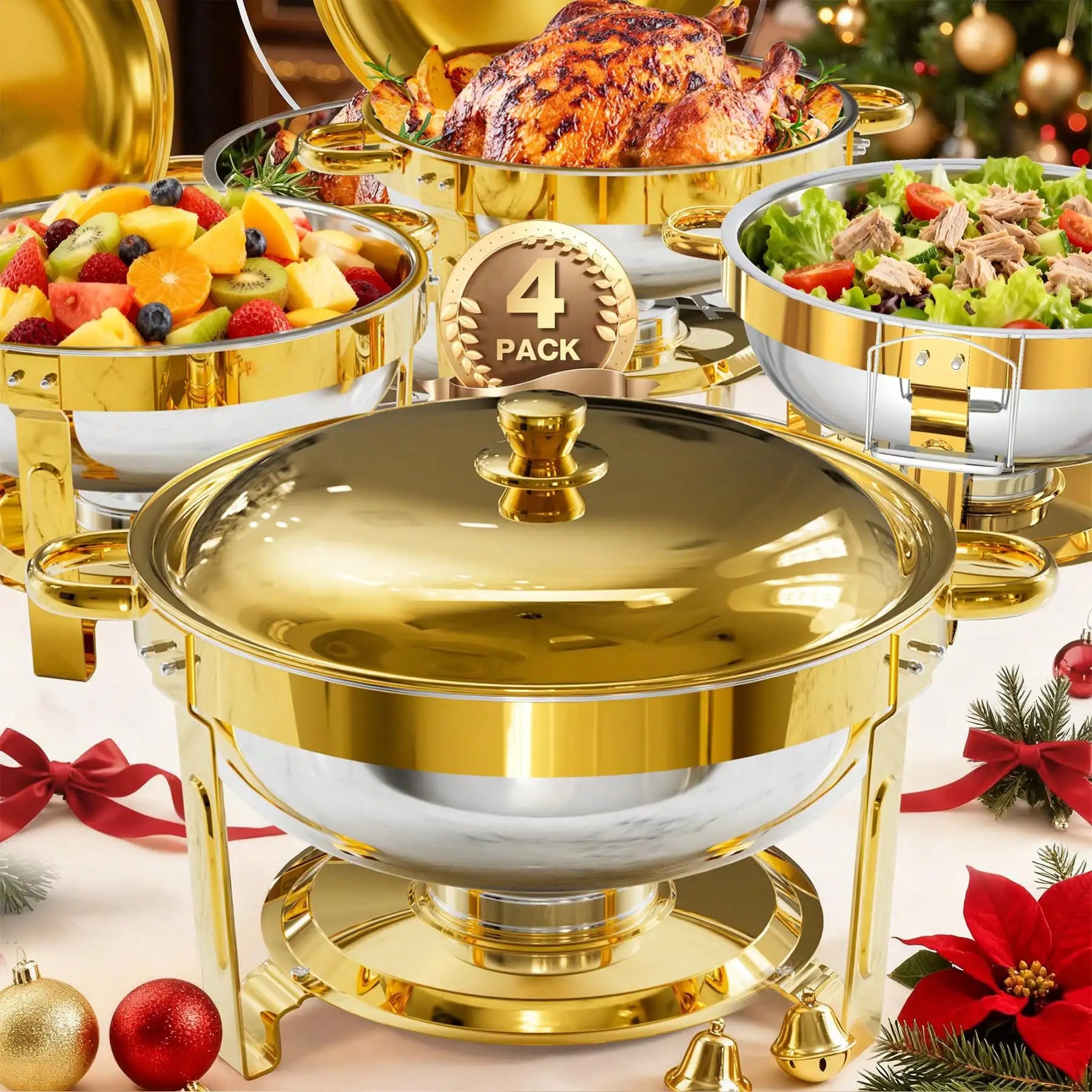 Gold-Plated Stainless Steel Chafing Dishes — Buffet Warmer Set for Catering
