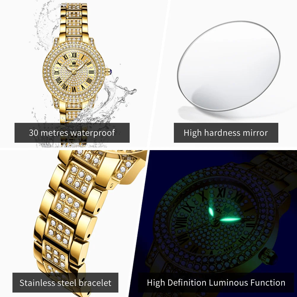 OLEVS 9943 Luxury Quartz Watch — Elegant Diamond Style Stainless Steel