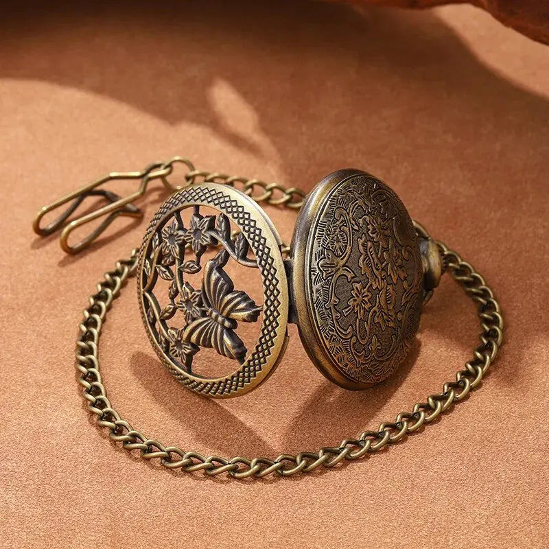 DEYROS Butterfly Carved Quartz Pocket Watch — Elegant Necklace Pendant with Fob Chain