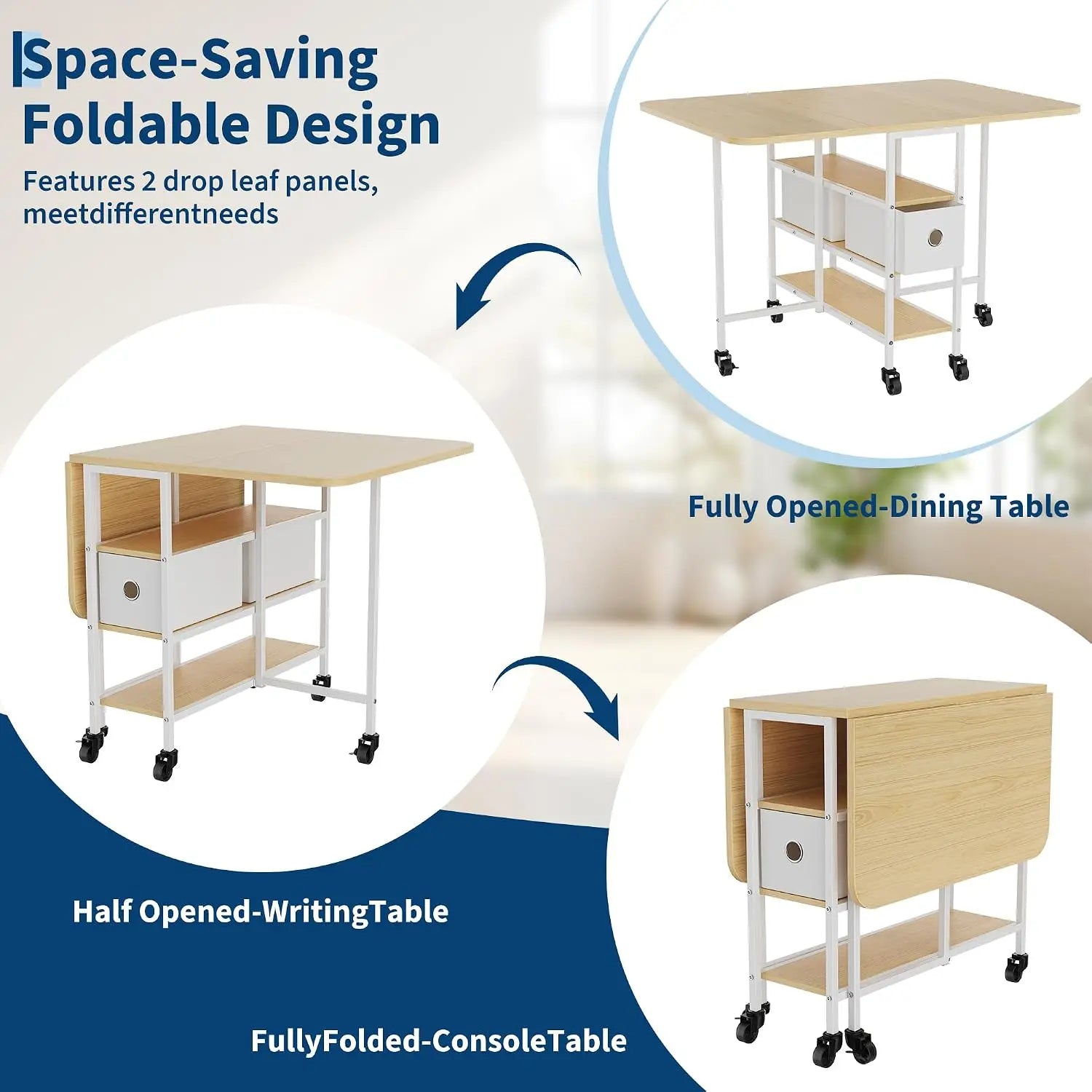 EliteZ Folding Dining Table — Mobile Drop Leaf Design with Storage
