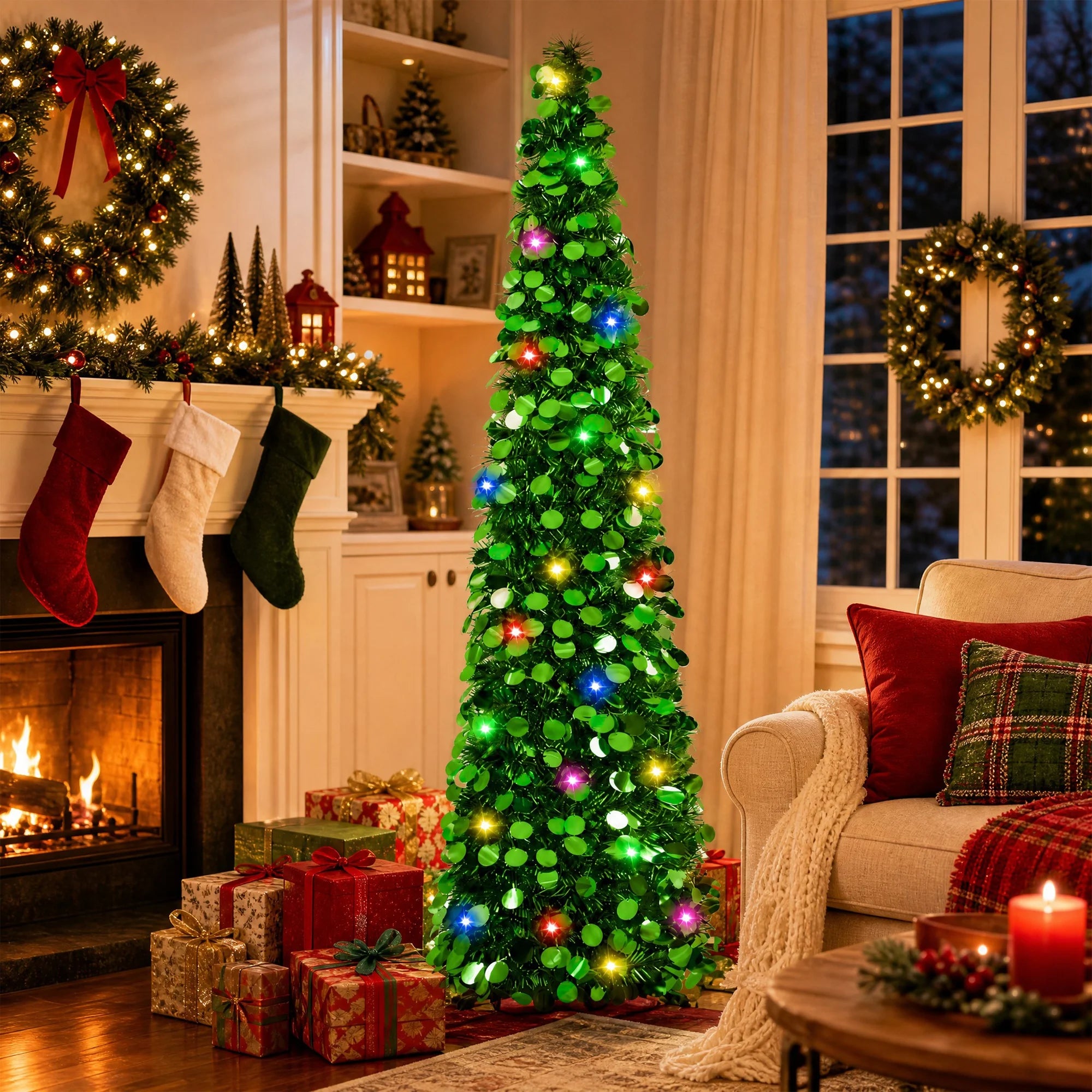 GAOMON 5 FT Pre-Lit Slim Pencil Tinsel Christmas Tree — Space-Saving Pop-Up Design