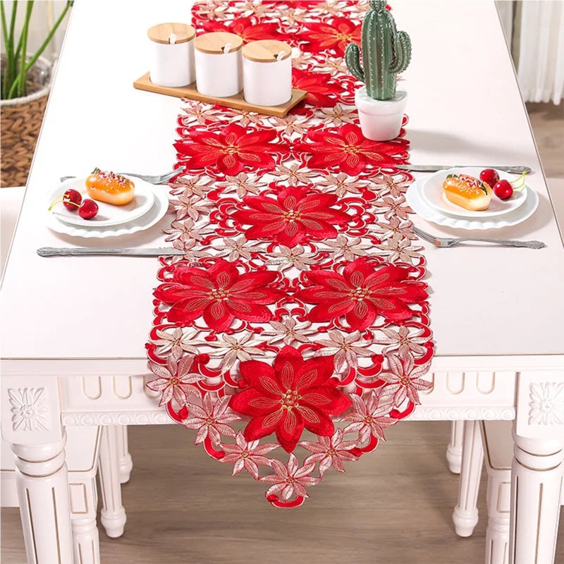 Christmas Floral Tablecloth — Festive Embroidered Table Runner Decor